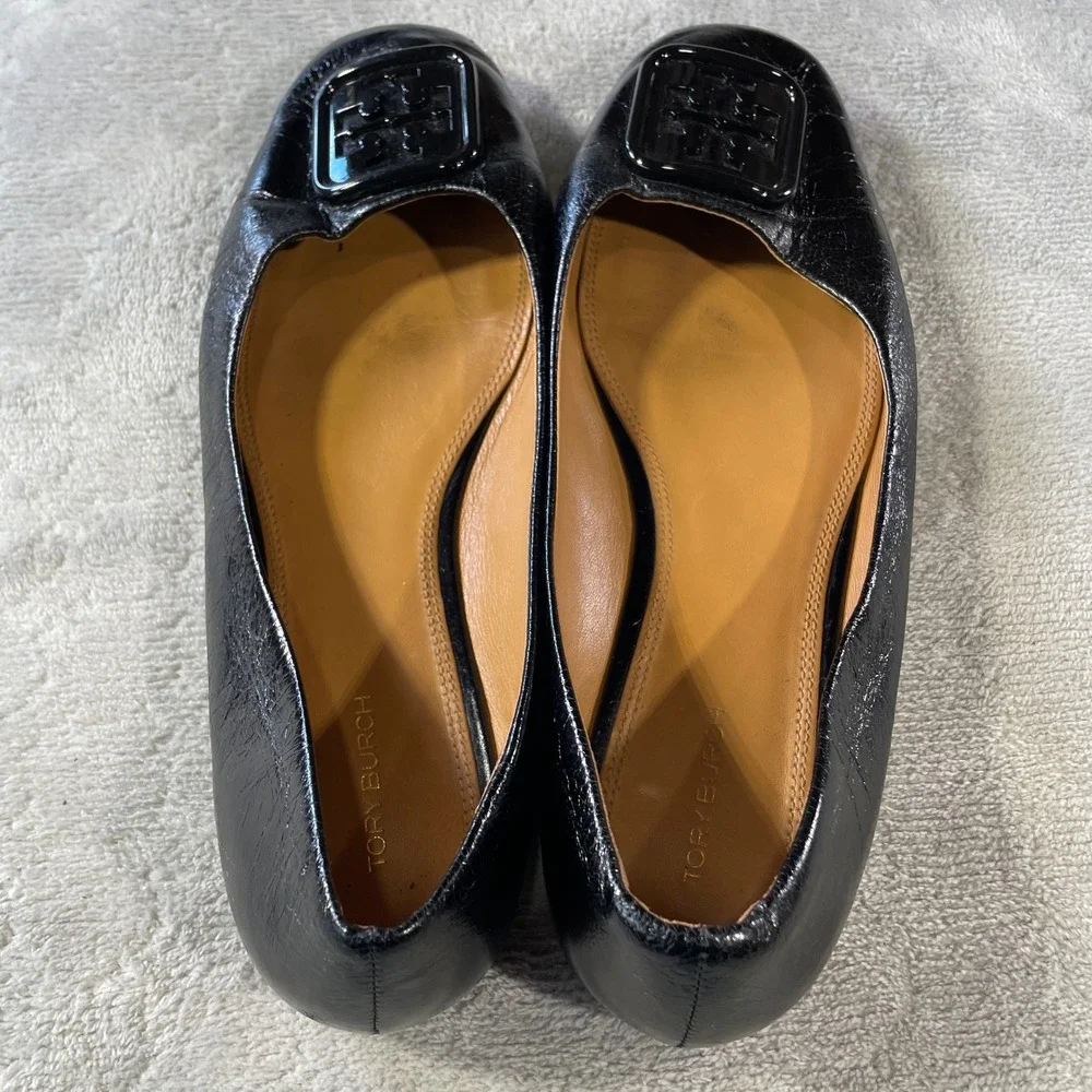 Tory Burch Claire Ballet Flats Womens‎ 9.5 Black Leather Square Toe Enamel Logo